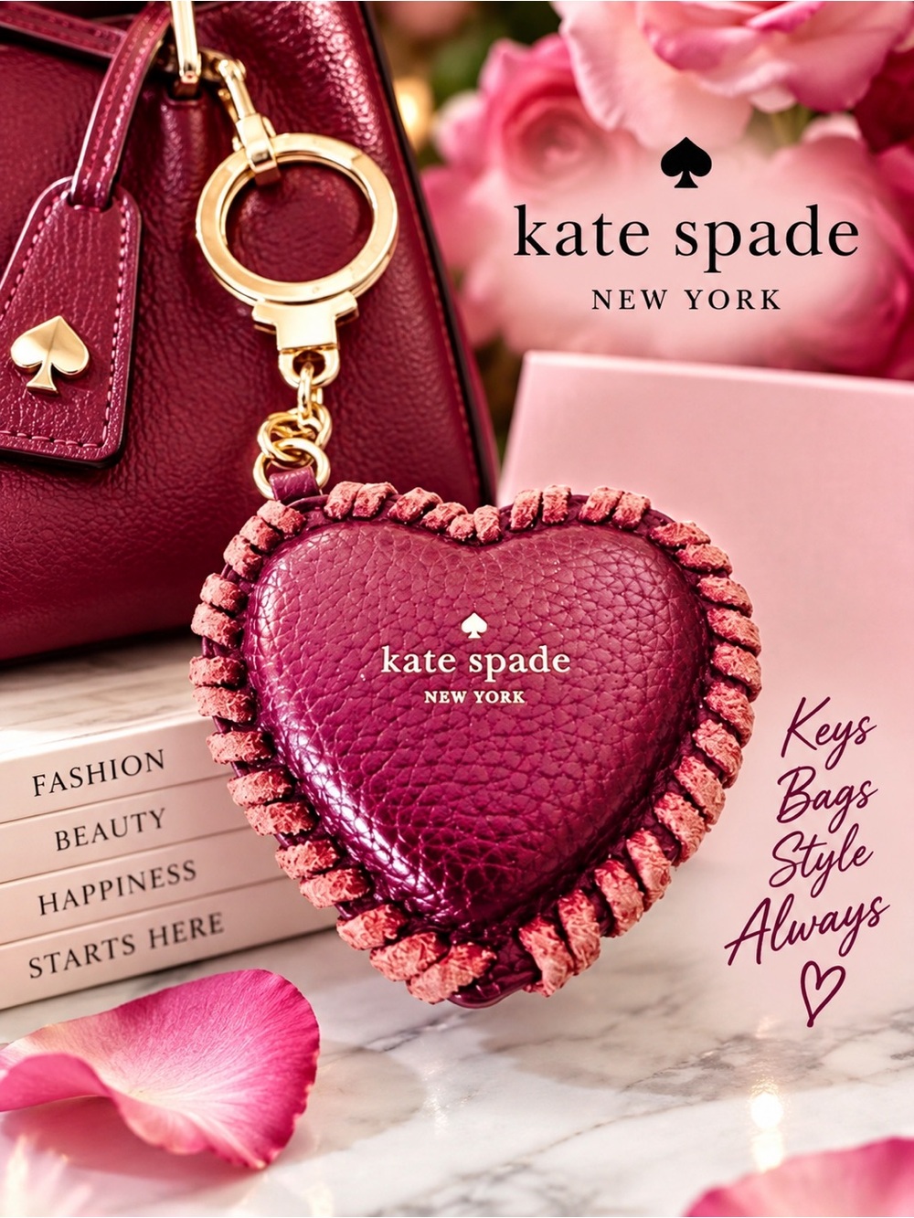 Kate Spade Burgundy Leather Heart Keychain & Bag Charm Accessory W/ Whip Stitch
